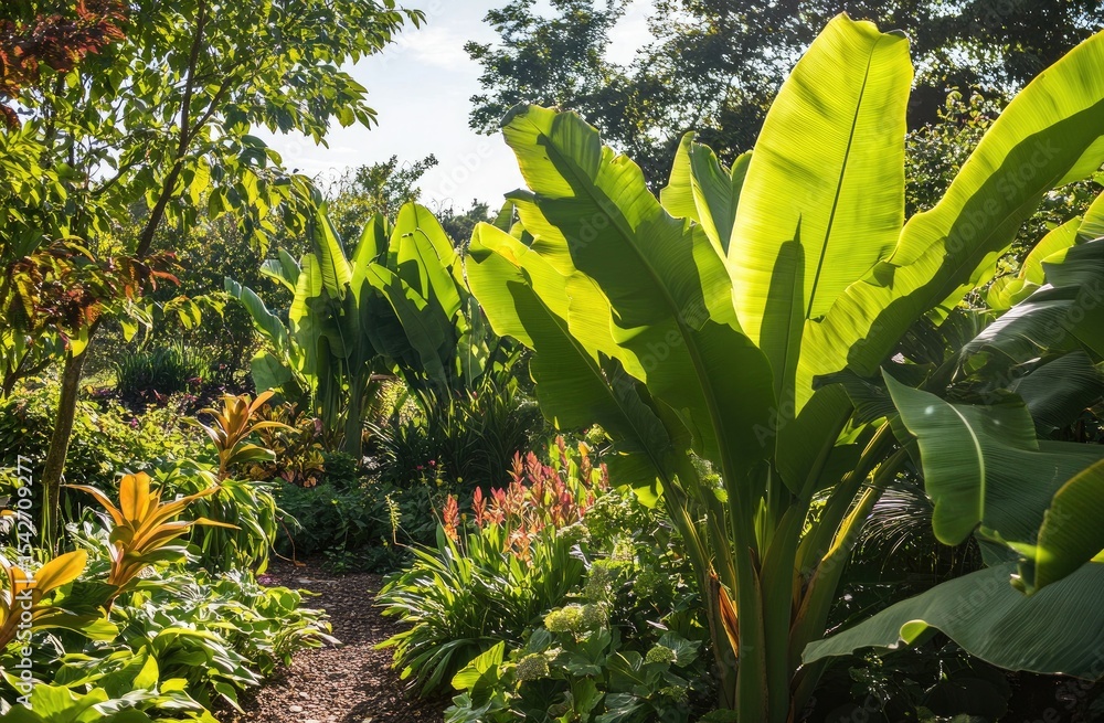 Obraz premium Lush tropical garden path bathed in sunlight