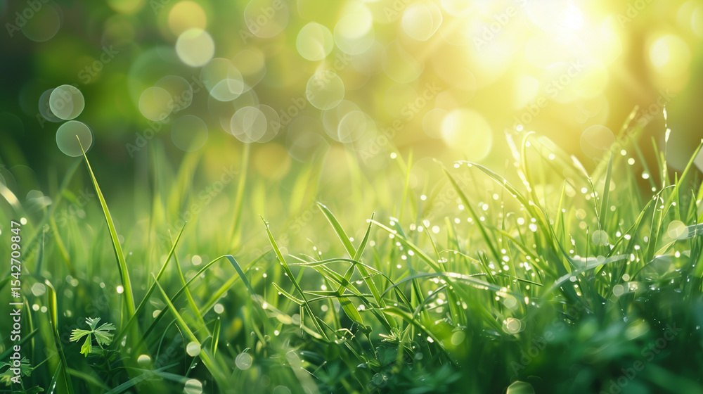 Obraz premium A fresh spring sunny garden background of green grass and blurred foliage bokeh.