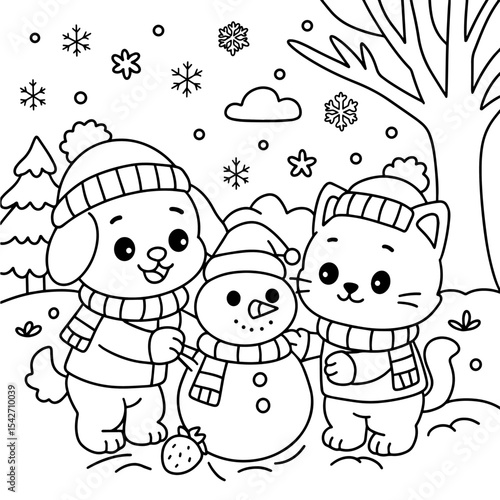 Cute Dog and Cat in snow Coloring Pages.eps