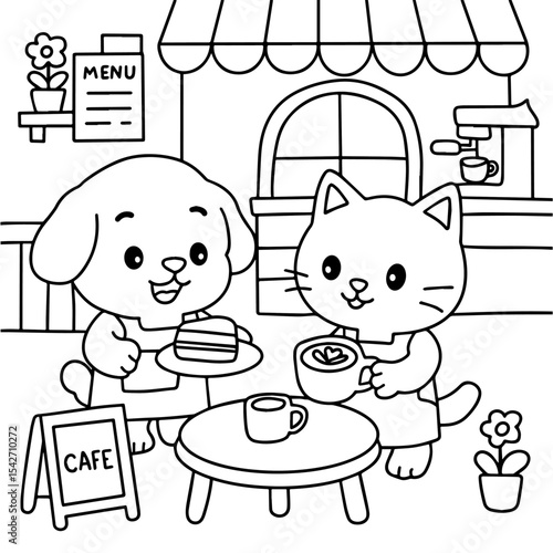 Dog and cat cute cafe coloring.eps