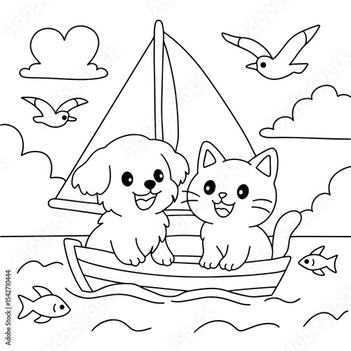 Dog and cat cute sailing coloring page.eps