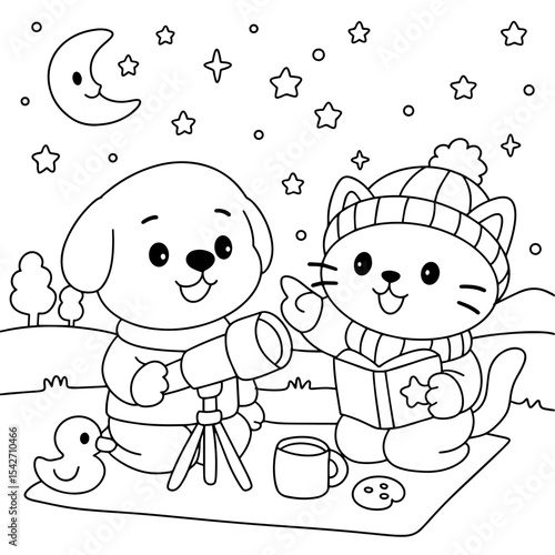 Dog and cat cute stargazing coloring picture.eps
