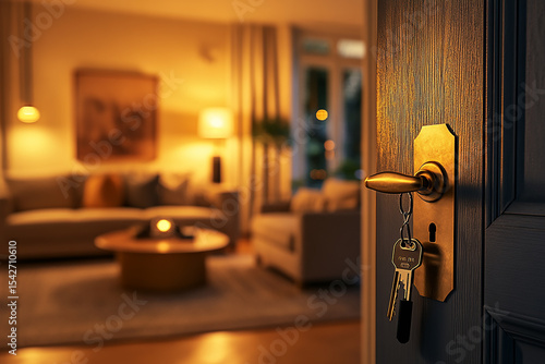 A key with a house-shaped fob hanging on a door handle in a modern home interior, a real estate concept, close-up. High-quality photo. Blurred background concept
