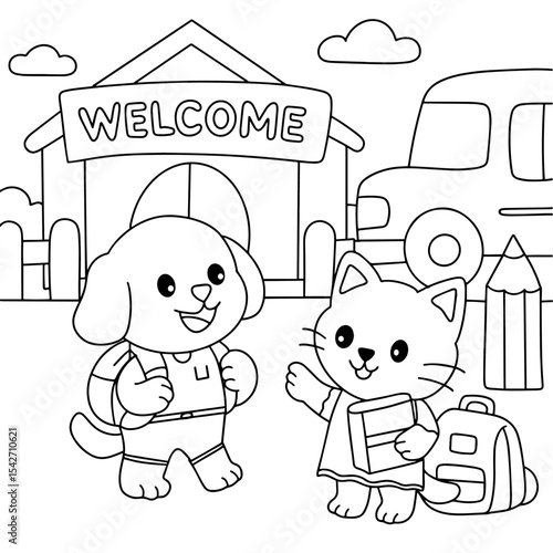 Dogs and cats, cute, go to school, coloring.eps
