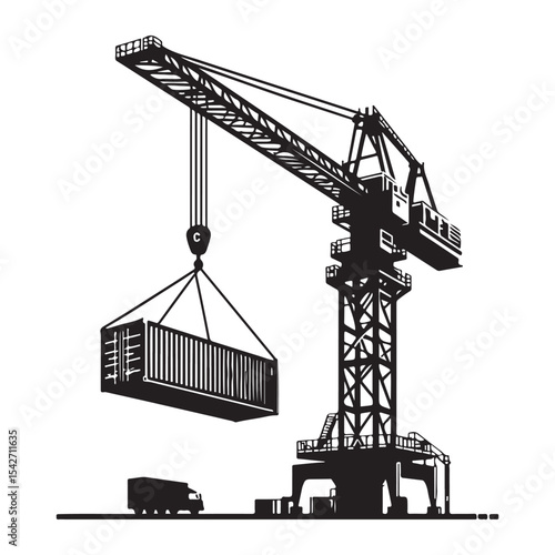 Tower Crane Silhouette Lifting Shipping Container in Industrial Port Area