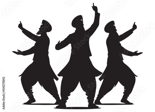 Energetic Bhangra Dancers Silhouette Folk Dance Performance Illustration