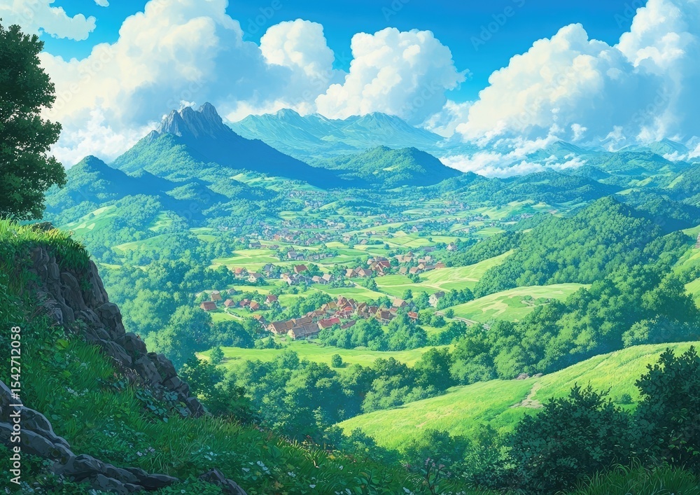 Fototapeta premium Panoramic view of a quaint valley town nestled amidst rolling hills and mountains under a bright sky