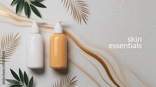Luxury skincare bottles mockup with palm leaves