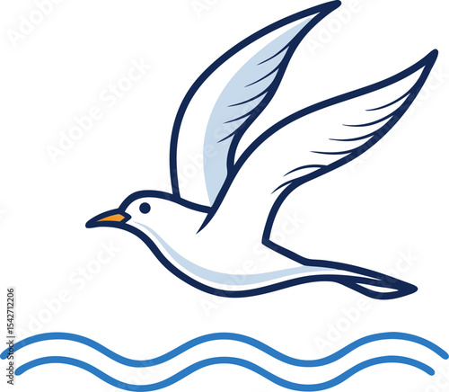 A seagull flying over the water, outlined in fine lines with white background.