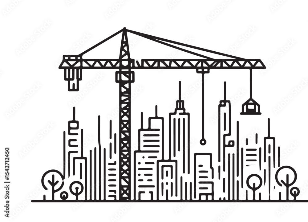 Obraz premium Modern City Skyline Illustration with Construction Crane Vector Design