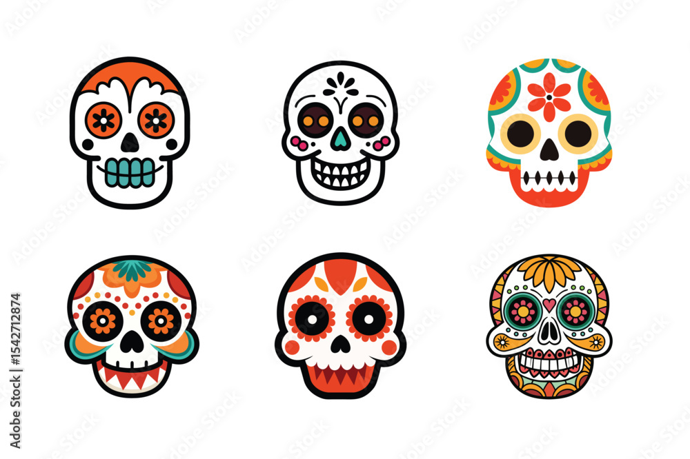 Set of Vibrant Día de los Muertos Skull Illustrations vector art on white background. Set of Vibrant Día de los Muertos Skull Illustrations vector art on white background.