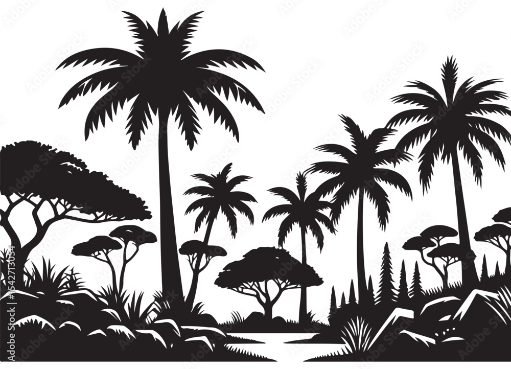 Tropical Silhouette Landscape Illustration with Palm Trees and Foliage Tropical Silhouette Landscape Illustration with Palm Trees and Foliage
