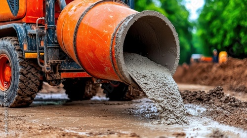 Orange Cement Mixer Pouring Concrete During Construction