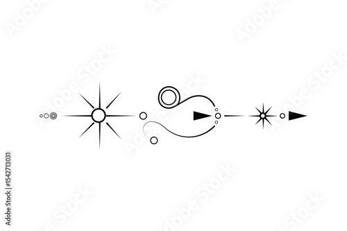 Abstract Black and White Design Featuring Stars Circles Curves and an Arrow
