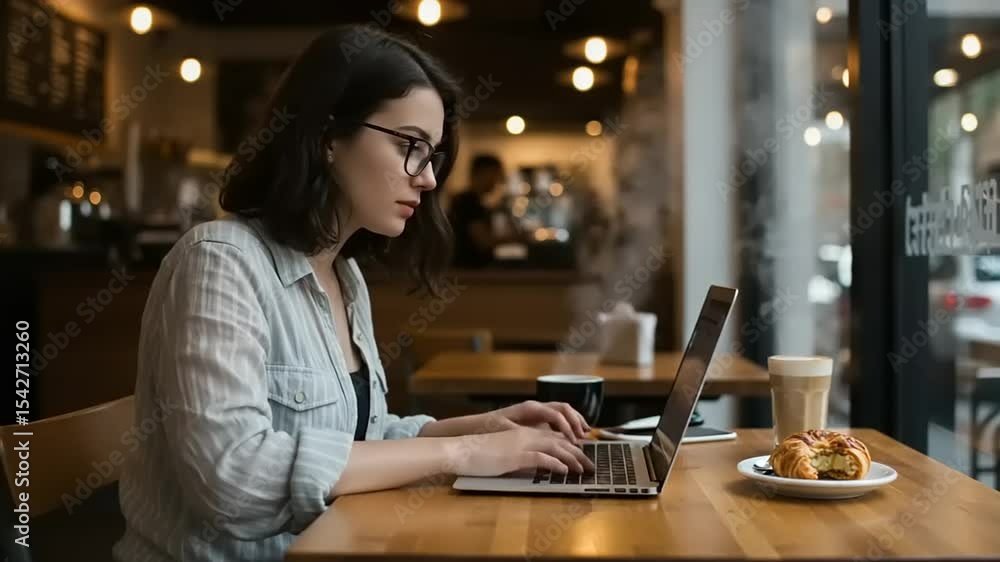 Young woman working on laptop in a cozy caf?, enjoying coffee and pastry while focused on tasks Young woman working on laptop in a cozy caf?, enjoying coffee and pastry while focused on tasks