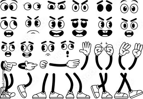 Cartoon character assets vector pack vintage animation parts eyes mouth hands legs feet design kit graphic editable stock vector illustration