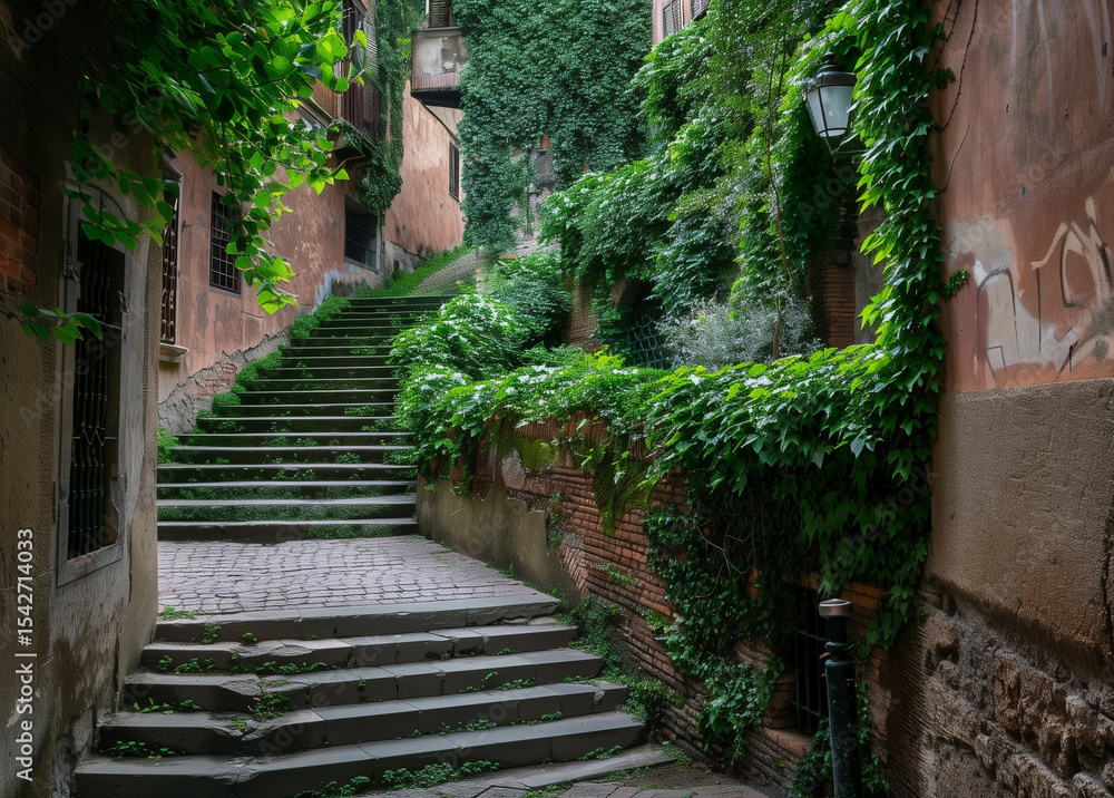 Fototapeta premium Wide shot of an ancient brick wall and green hedge