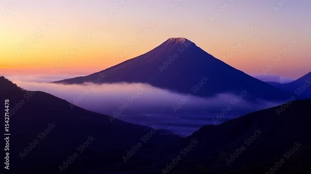 Majestic Volcanic Peak at Dawn, Misty Valley Panorama Majestic Volcanic Peak at Dawn, Misty Valley Panorama