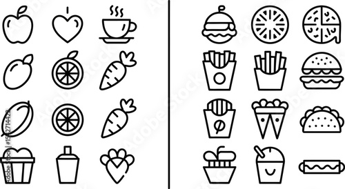 Healthy food vs unhealthy food vector illustration diet and nutrition comparison icons set line drawing editable stock vector illustration