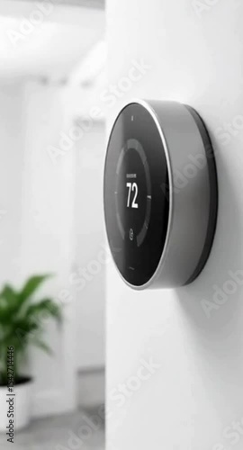 Smart Thermostat Displaying 72 Degrees Fahrenheit on a White Wall in a Modern Home