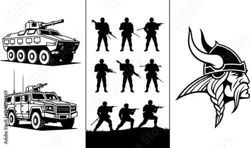 Military vehicles soldiers viking warrior vector illustration black and white design concept art editable stock vector illustration