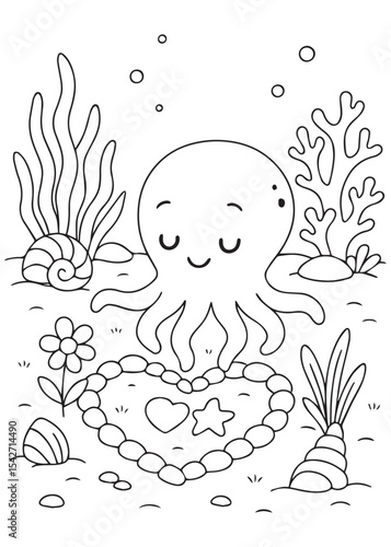 Coloring book octopus admiring a heart-shaped pearl necklace on the ocean floor