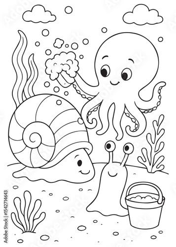Coloring book octopus, happy snail, and slug building sandcastles under the sea