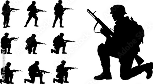 Silhouette army soldiers military armed forces combat troops rifles war battle vector illustration editable stock vector illustration