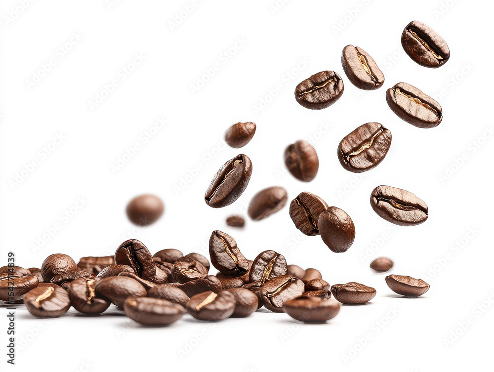 Brown Coffee Beans Falling and Piling on White Background Brown Coffee Beans Falling and Piling on White Background