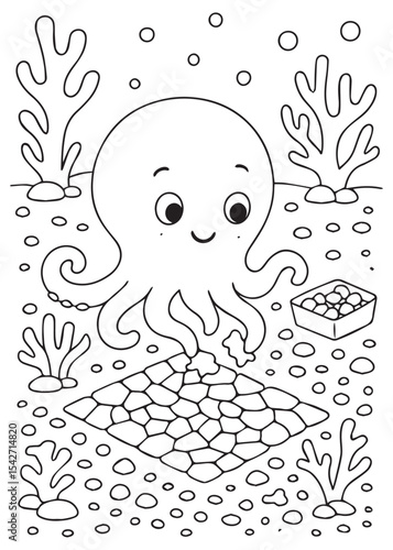Coloring book octopus playing with building blocks on the ocean floor