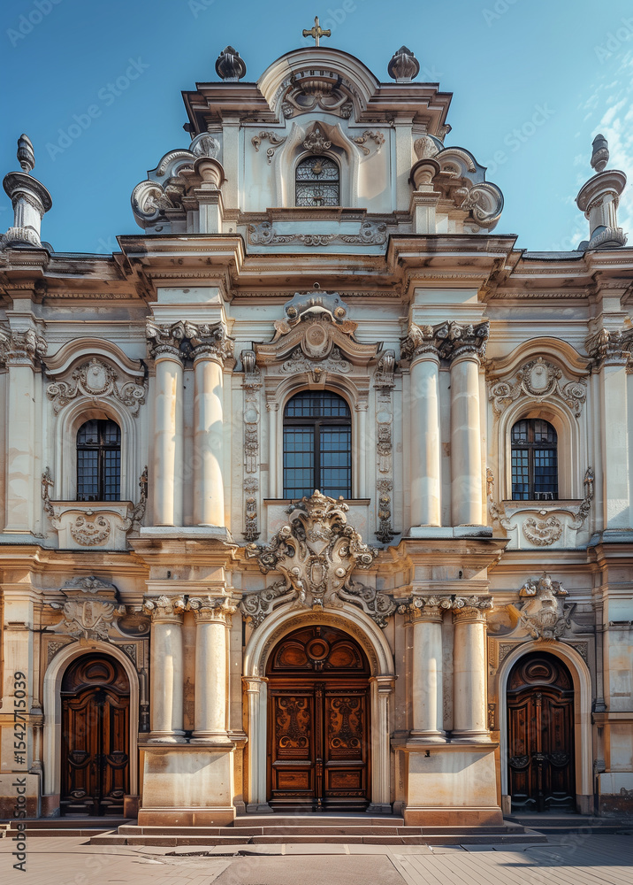 Obraz premium Wide-angle view of a stunning baroque church facade under blue sky