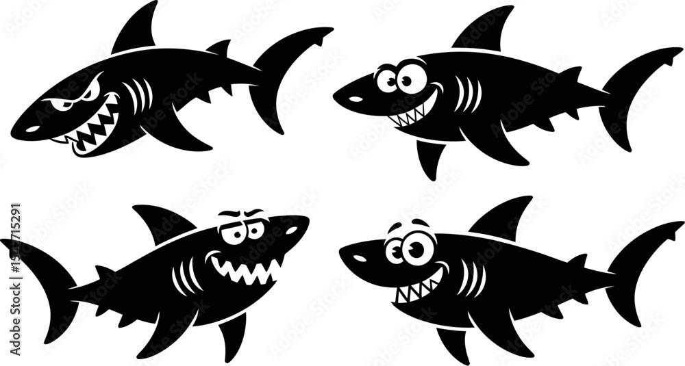 Fototapeta premium Cartoon shark vector illustration set of cute and scary sharks marine life animals predator silhouette design editable stock vector illustration