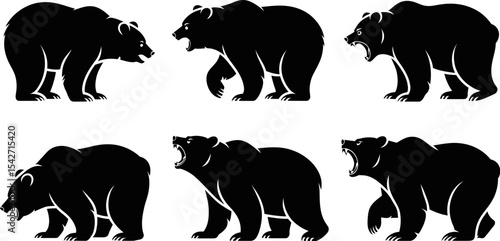 Black bear vector illustration set, wildlife animal graphics, grizzly bear silhouette art, bear cliparts editable stock vector illustration
