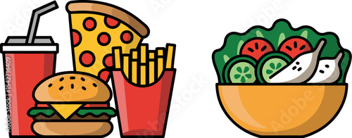 Fast food versus healthy food choices burger pizza fries salad diet nutrition comparison vector art icon editable stock vector illustration
