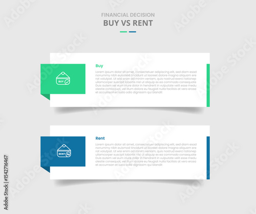 buy vs rent comparison for infographic with big rectangle box container with badge on side drop shadow style with two point list information