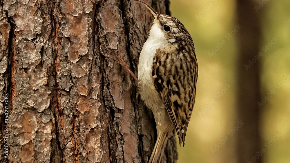 Obraz premium Brown creeper bird with distinctive curved beak clinging to the textured bark of a tree, showcasing its natural camouflage and foraging behavior in a serene woodland setting