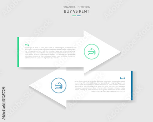buy vs rent comparison for infographic with big arrow container opposite direction drop shadow style with two point list information