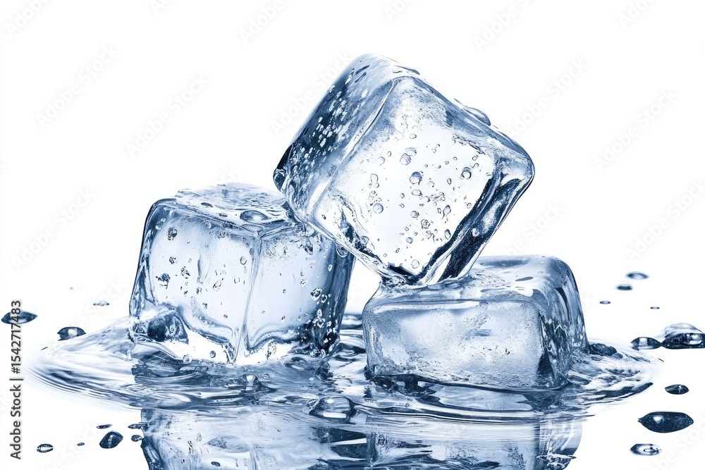 Three ice cubes resting atop a puddle of melted water Three ice cubes resting atop a puddle of melted water