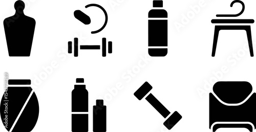 Fitness gym equipment workout training exercise dumbbell bottle chair supplement dummy icons set editable stock vector illustration