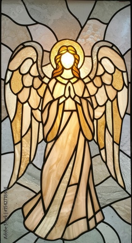 Stained glass representation of an angel with wings, hands clasped in prayer