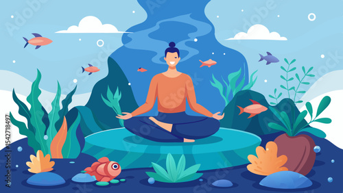 Serene Aquatic Meditation Scene Featuring a Yogi in Peaceful Pose on a Floating Platform