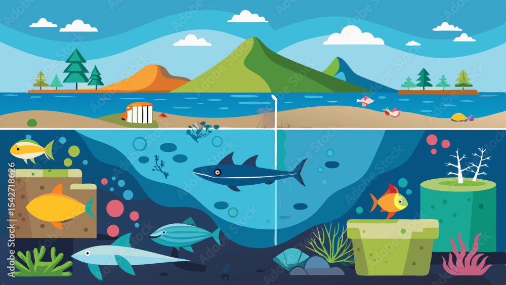 Ocean Layers Cross Section View from Surface to Depths Revealing Marine Life and Underwater Topography Ocean Layers Cross Section View from Surface to Depths Revealing Marine Life and Underwater Topography