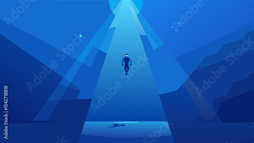 Solitary Scuba Diver Minimalist Vector Illustration Under Sunny Ocean Depths a Peaceful Underwater Scene