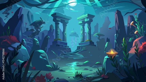 Discover an Enigmatic Underwater Scene Featuring Ancient Ruins Partially Submerged and Lush Seaweed
