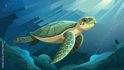 Serene Sea Turtle Gracefully Gliding Above a Vibrant Ocean Floor in Peaceful Underwater Habitat