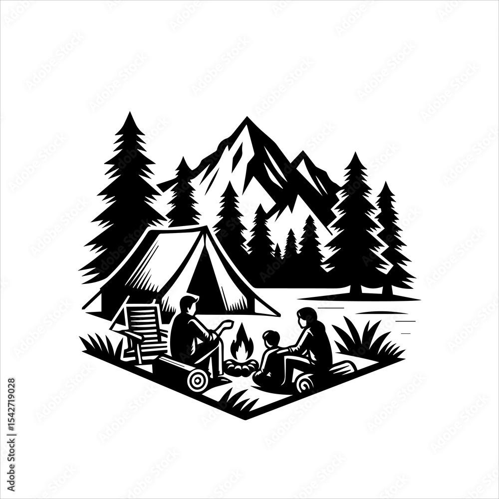 Fototapeta premium Black and White Family Camping Logo with Tent and Mountains Isolated on White Background
