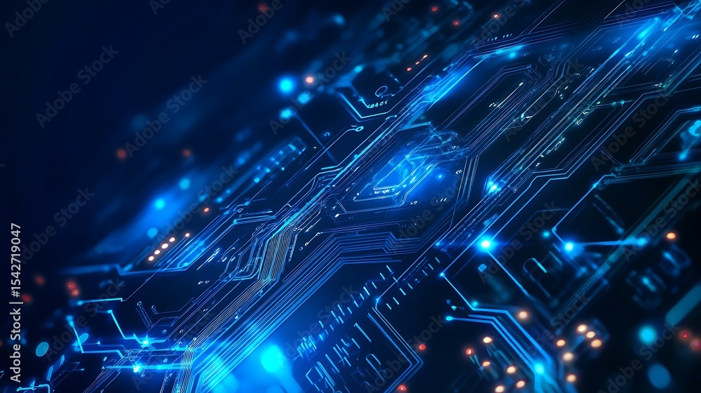 Fototapeta premium Glowing Blue Circuit Board Abstract Technology Background for Software, Hardware, and Future Concepts