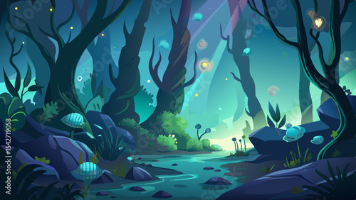Enchanting Underwater Forest Scene with Glowing Seaweed Trees and Bioluminescent Flora