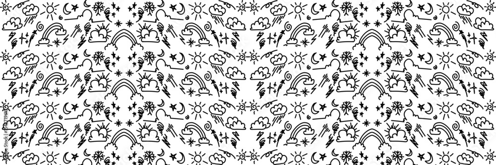 Whimsical weather pattern features a variety of hand-drawn elements like stars, suns, clouds, rainbows and lightning in black ink on white for fun, eye-catching backgrounds. Whimsical weather pattern features a variety of hand-drawn elements like stars, suns, clouds, rainbows and lightning in black ink on white for fun, eye-catching backgrounds.