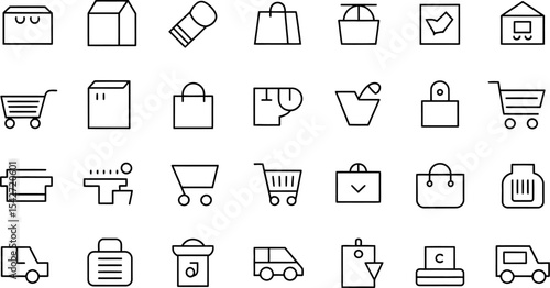 A versatile vector icon set for business, web, and office, featuring symbols for shopping, finance, and essential computer functions on white